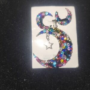 Celestial Moon Star Earrings Necklace Set Rhinestone Colorful silverplate